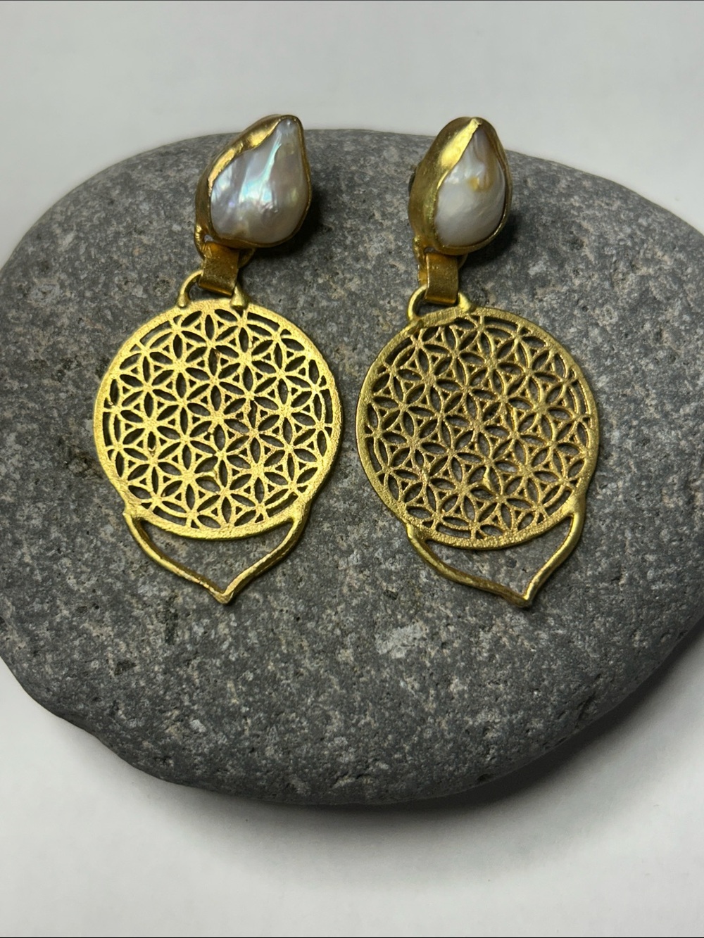 Egyptian Flower of Life Gold Tone Metal with Pearl Drop Earrings